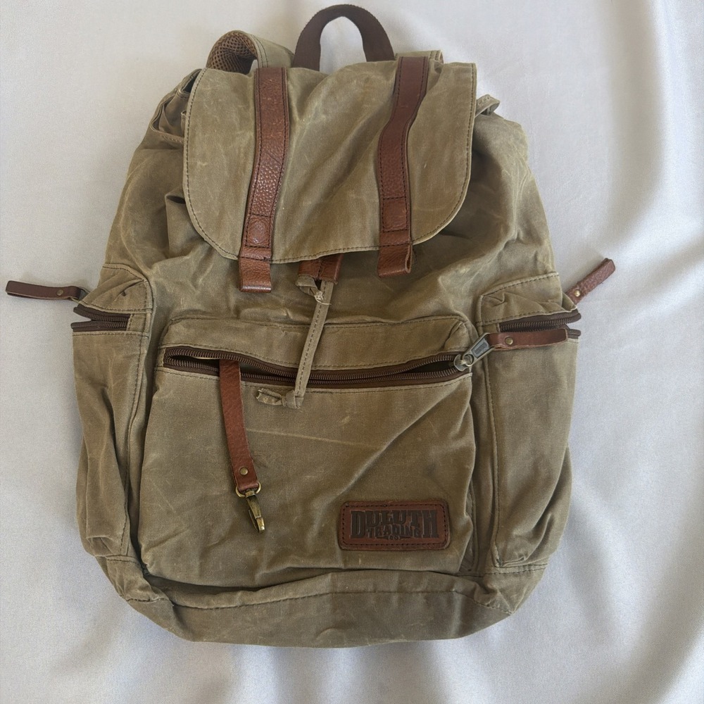 Duluth Trading Co. Oilskin Waxed Cotton Canvas Backpack Leather Trim Heritage